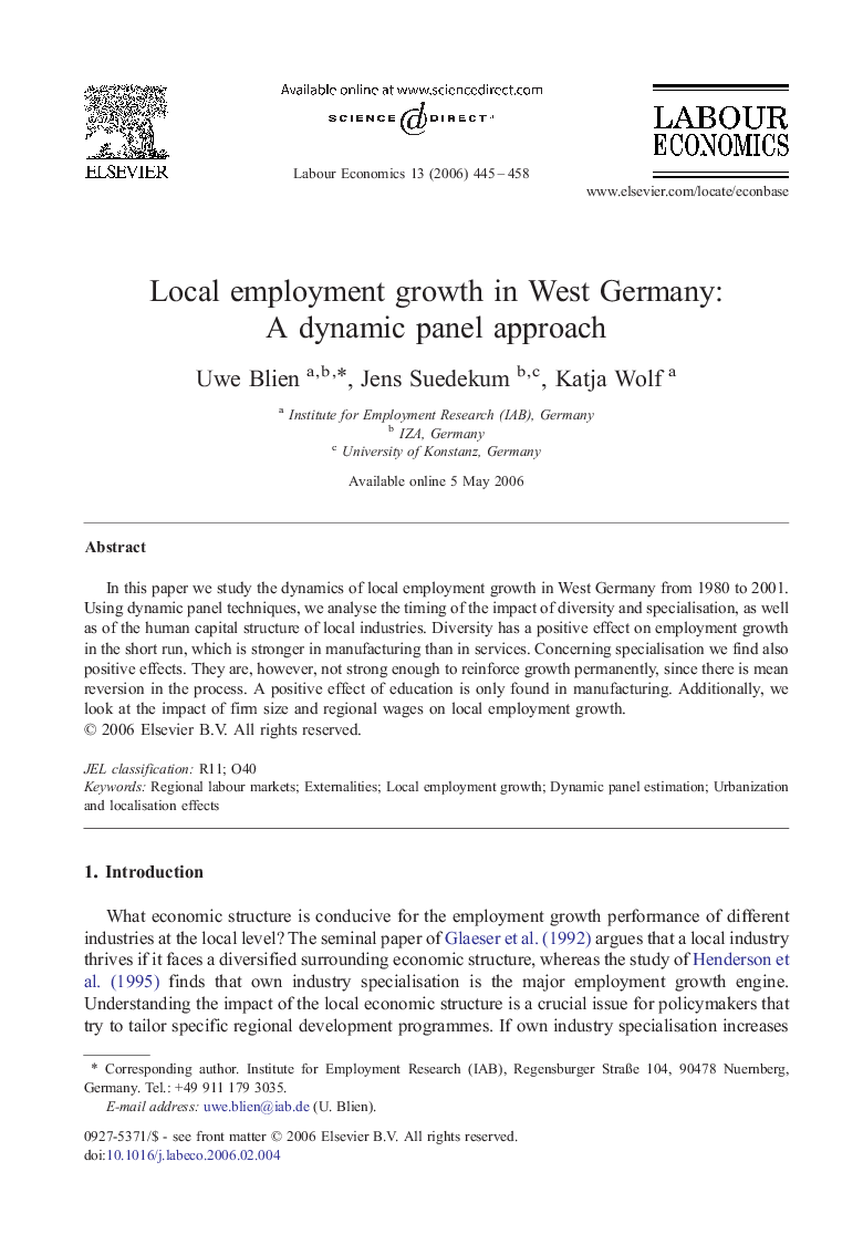 Local employment growth in West Germany: A dynamic panel approach