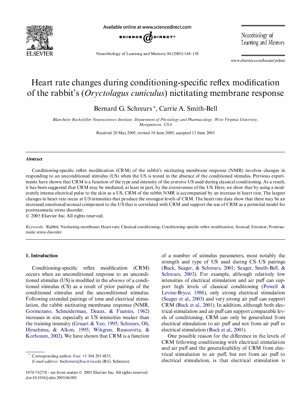 Heart rate changes during conditioning-specific reflex modification of the rabbit's (Oryctolagus cuniculus) nictitating membrane response