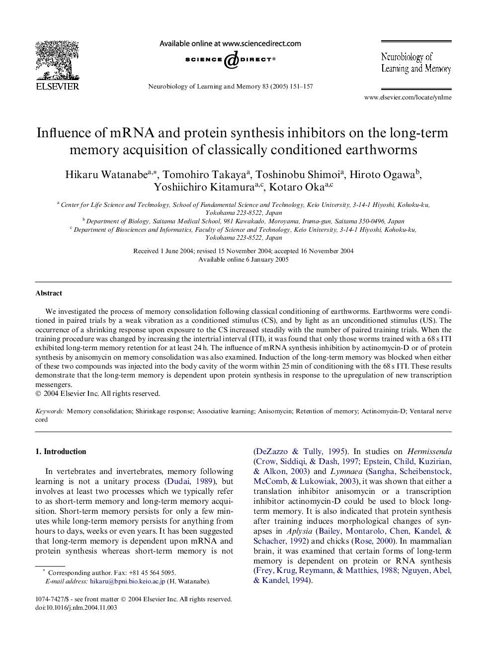 Influence of mRNA and protein synthesis inhibitors on the long-term memory acquisition of classically conditioned earthworms