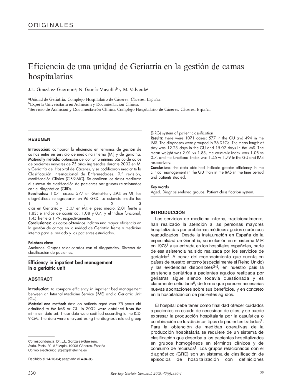 Eficiencia de una unidad de GeriatrÃ­a en la gestión de camas hospitalarias