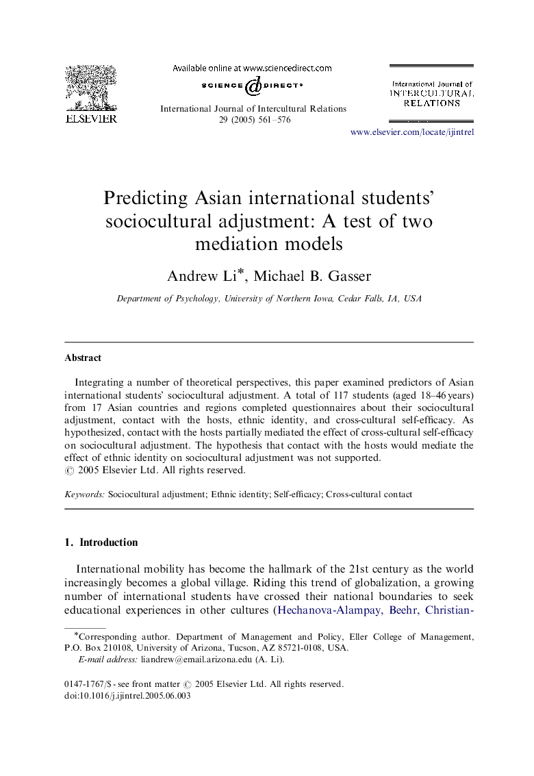 Predicting Asian international students' sociocultural adjustment: A test of two mediation models