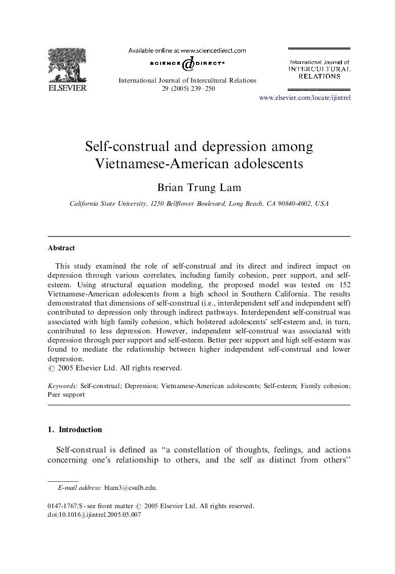 Self-construal and depression among Vietnamese-American adolescents
