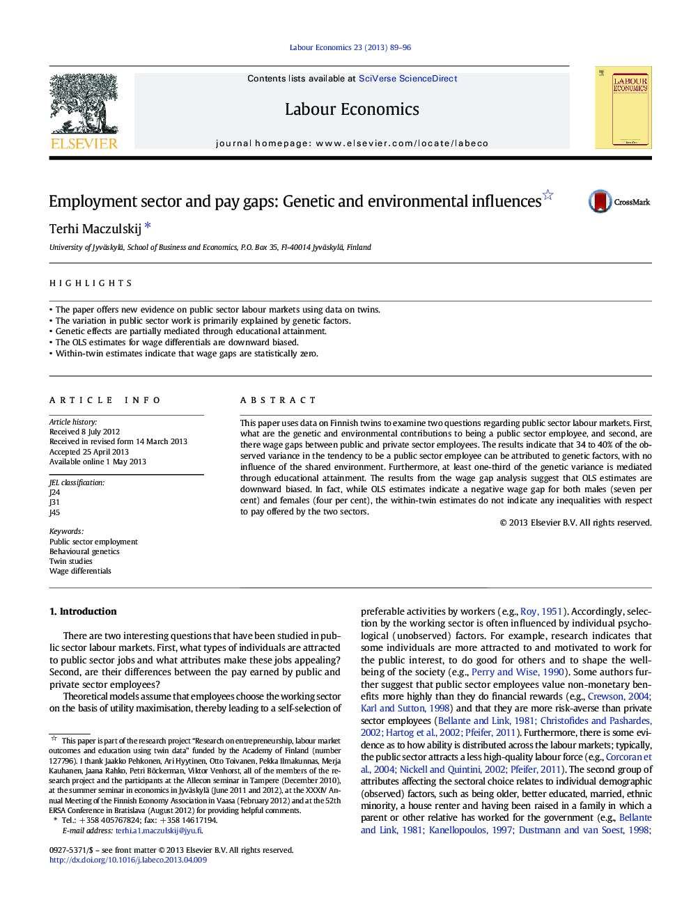 Employment sector and pay gaps: Genetic and environmental influences 