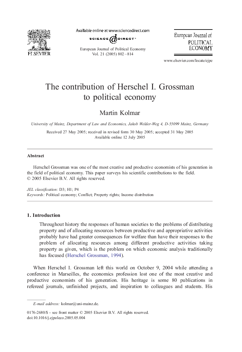 The contribution of Herschel I. Grossman to political economy