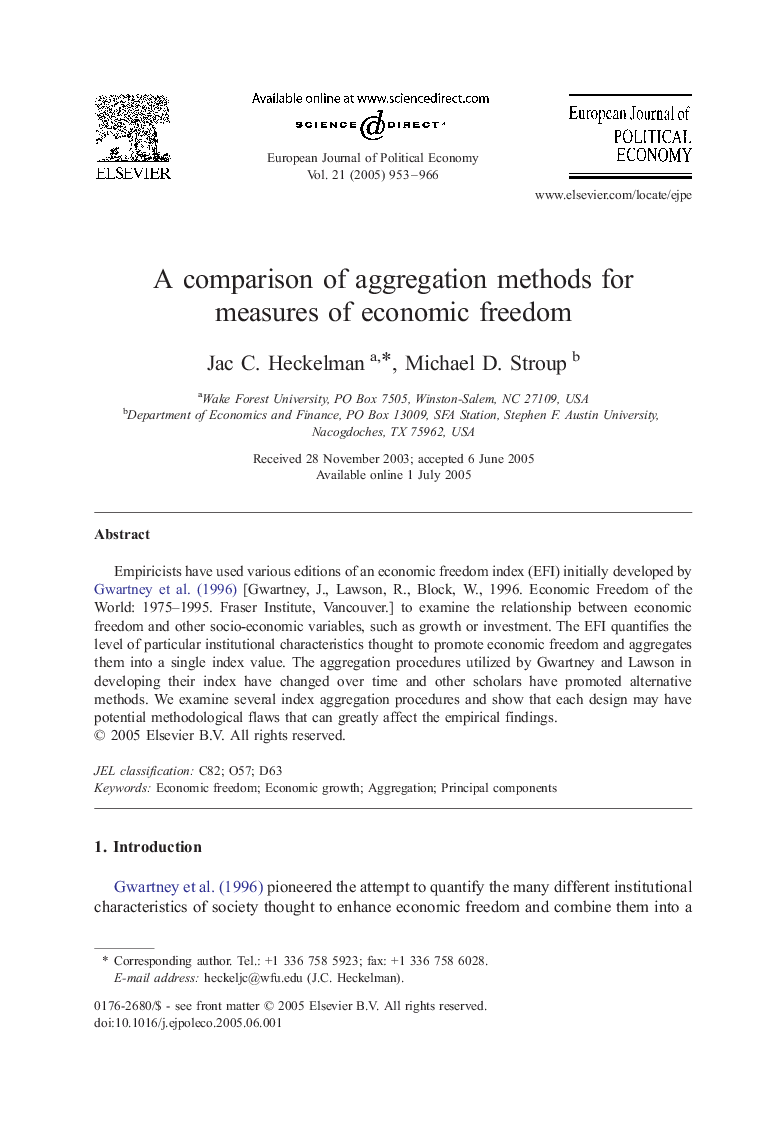 A comparison of aggregation methods for measures of economic freedom