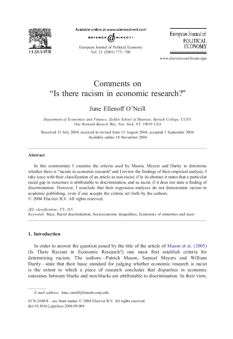 عکس صفحه اول مقاله: Comments on “Is there racism in economic research?” Comments on “Is there racism in economic research?”