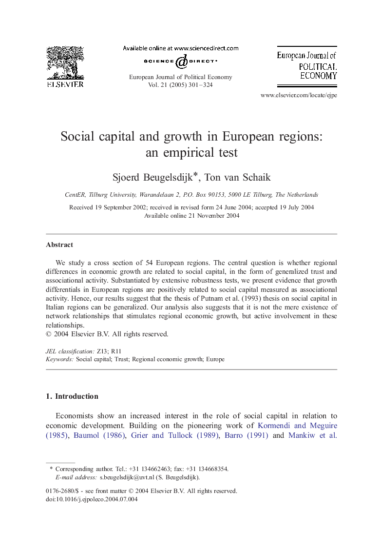 Social capital and growth in European regions: an empirical test