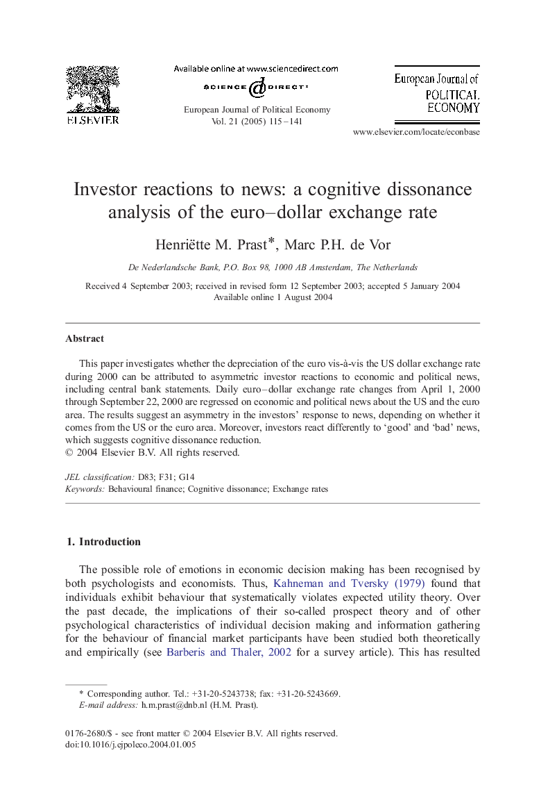 Investor reactions to news: a cognitive dissonance analysis of the euro-dollar exchange rate