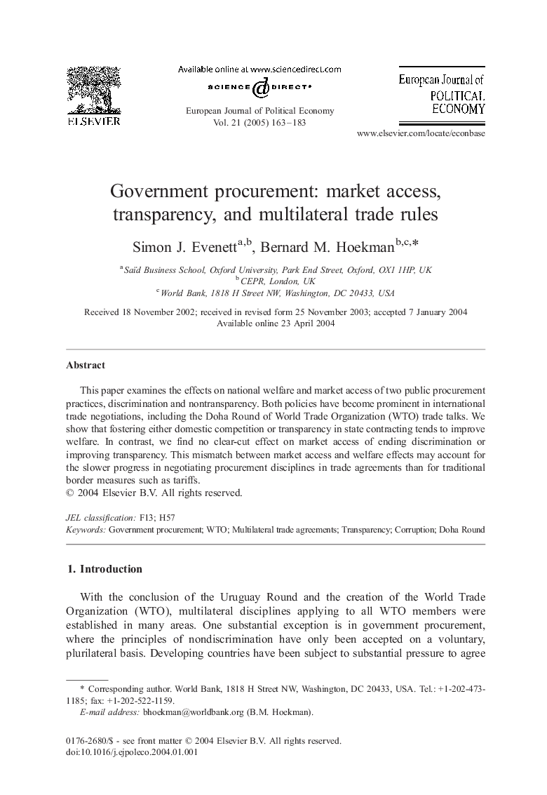 Government procurement: market access, transparency, and multilateral trade rules