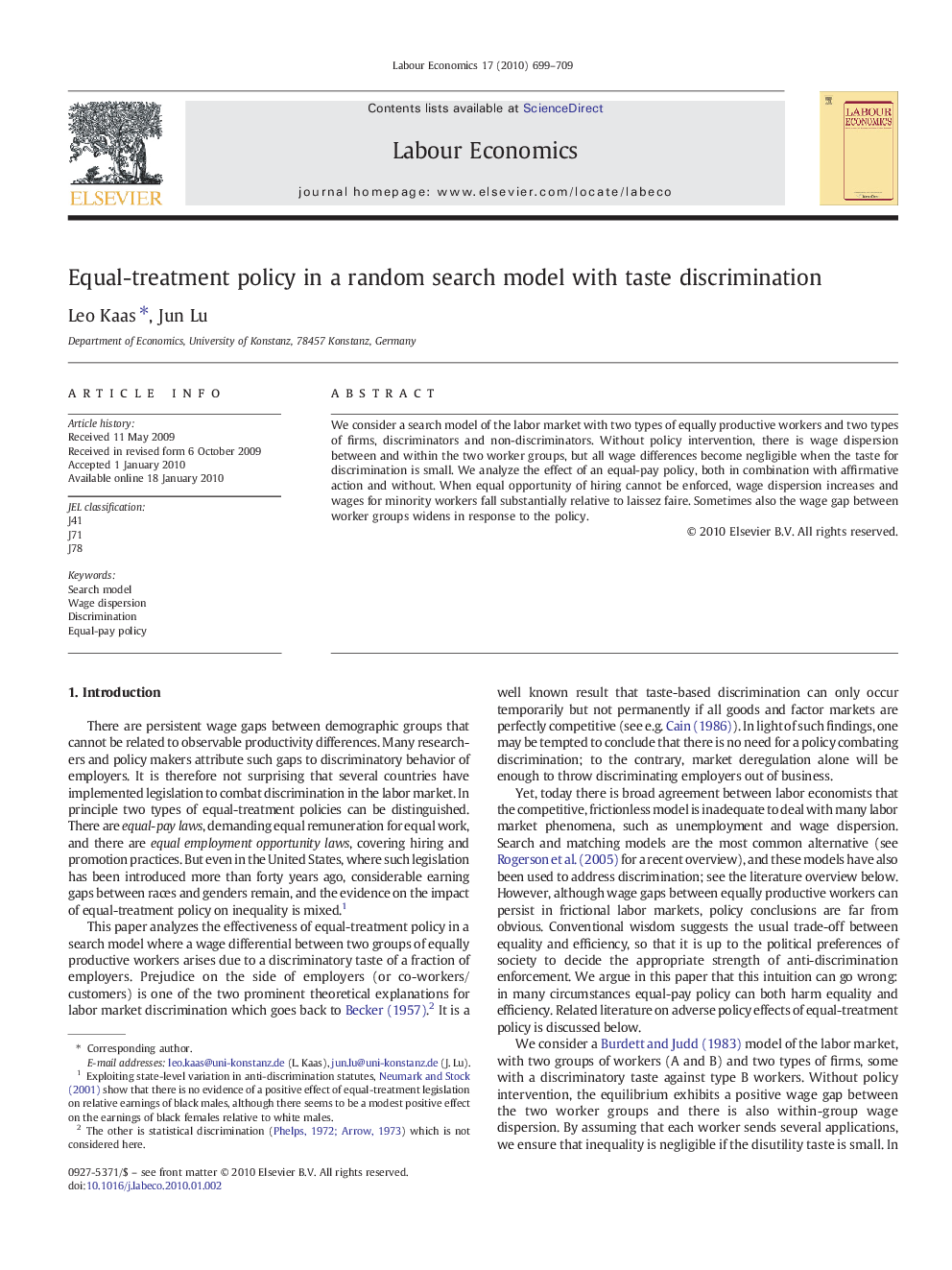 Equal-treatment policy in a random search model with taste discrimination