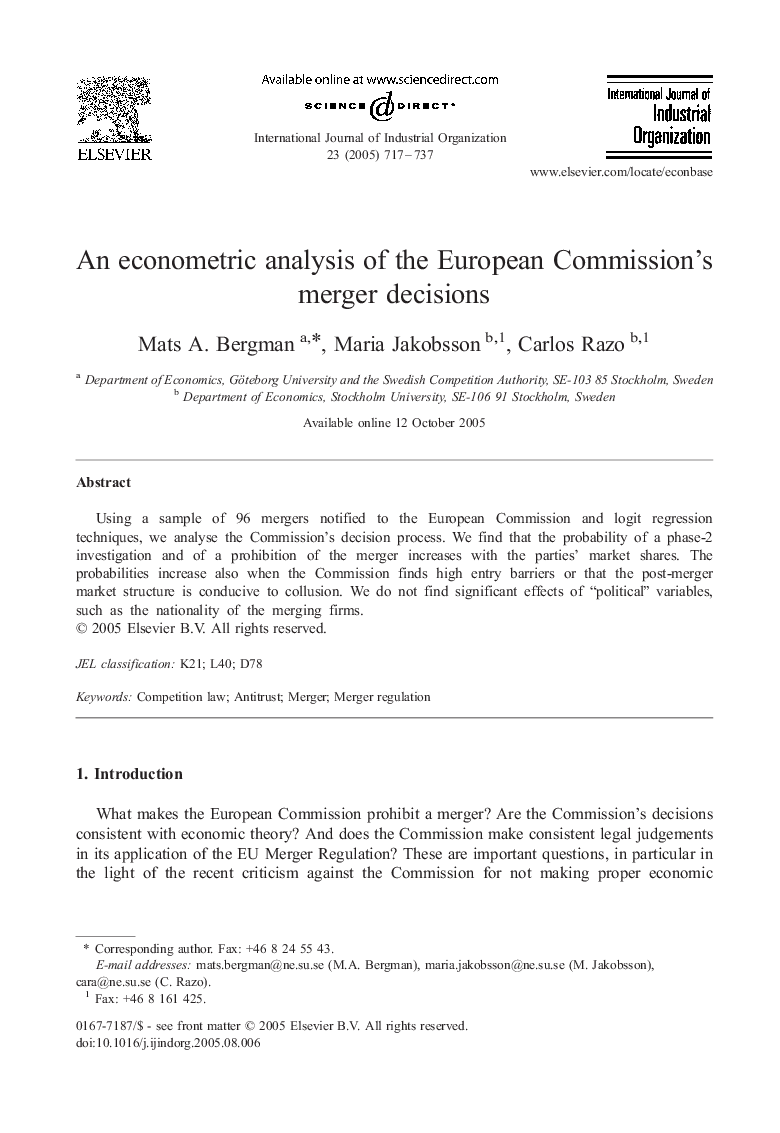 An econometric analysis of the European Commission's merger decisions