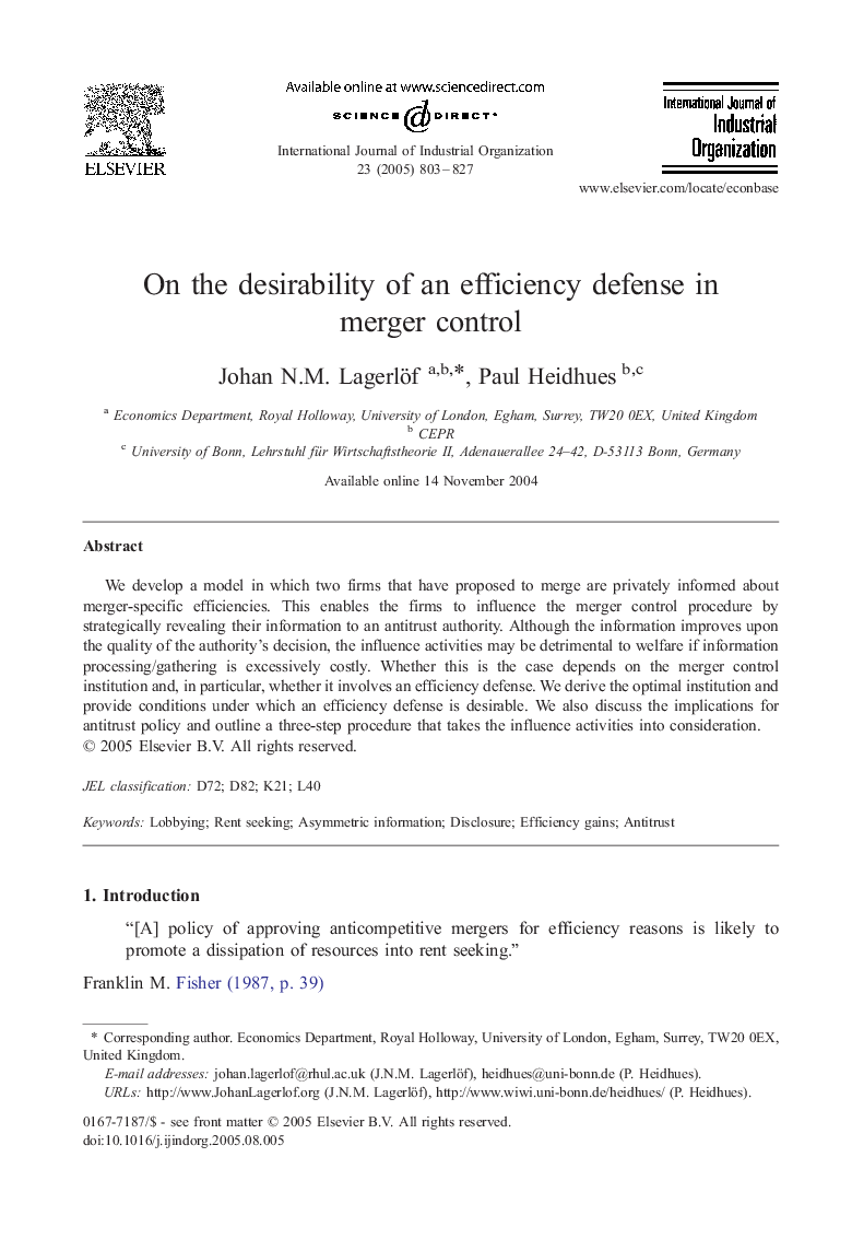On the desirability of an efficiency defense in merger control