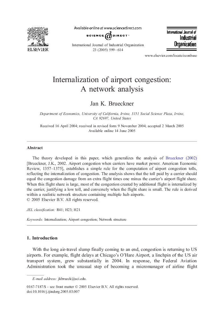 Internalization of airport congestion: A network analysis