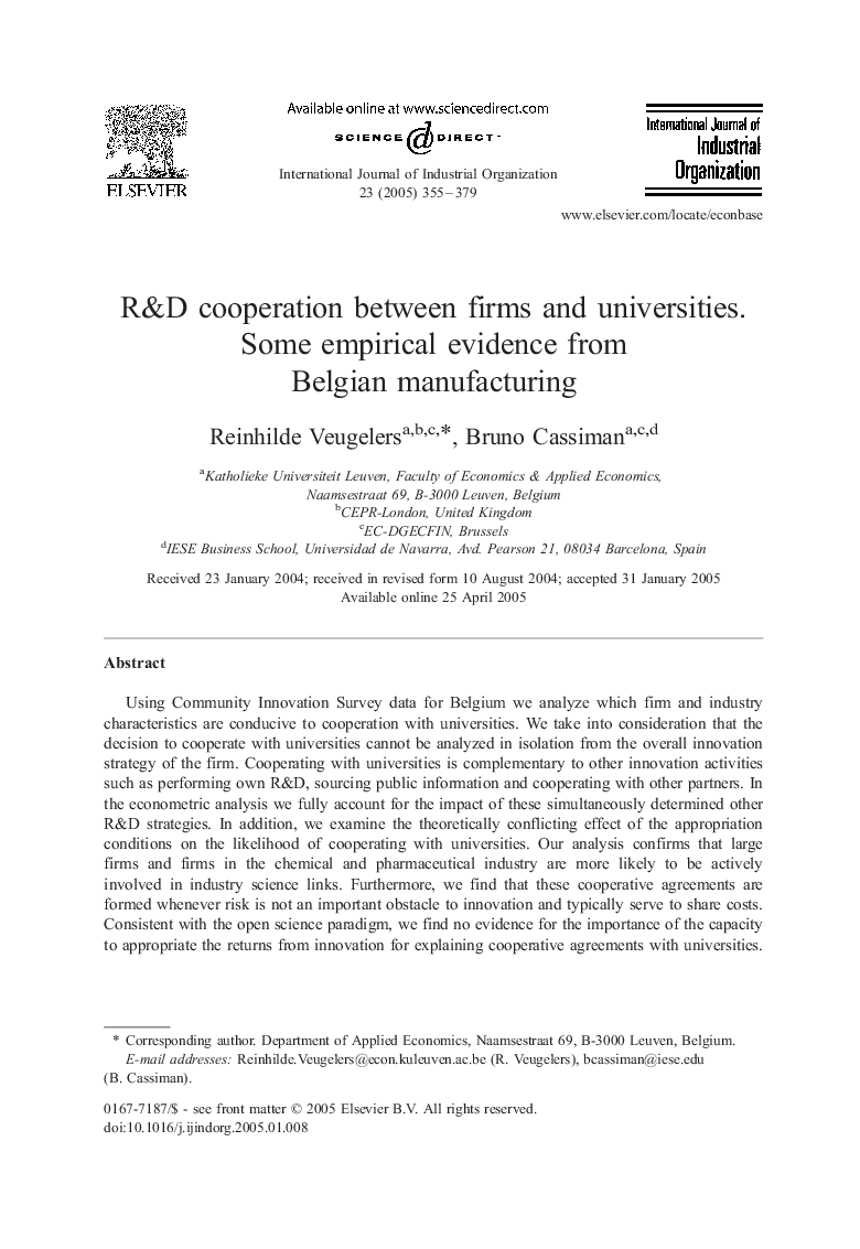 R&D cooperation between firms and universities. Some empirical evidence from Belgian manufacturing