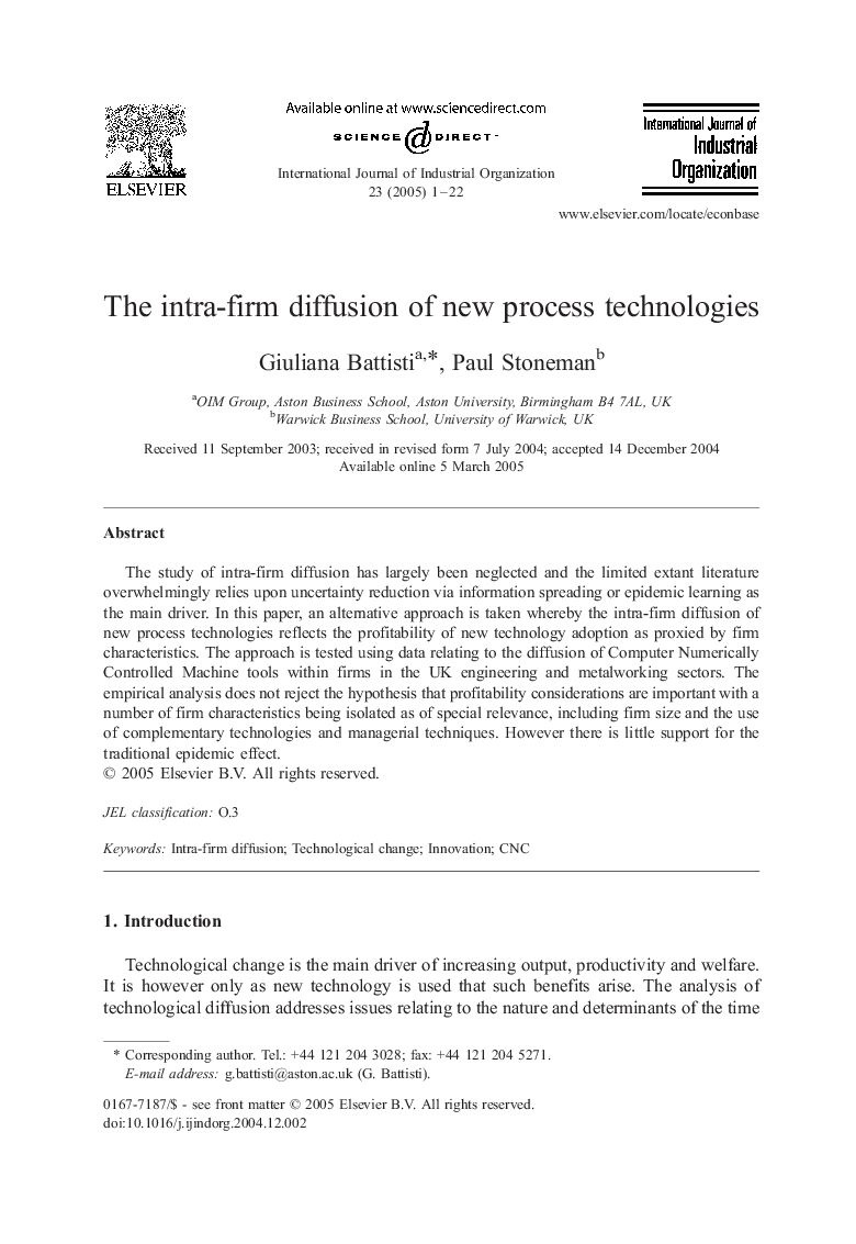 The intra-firm diffusion of new process technologies