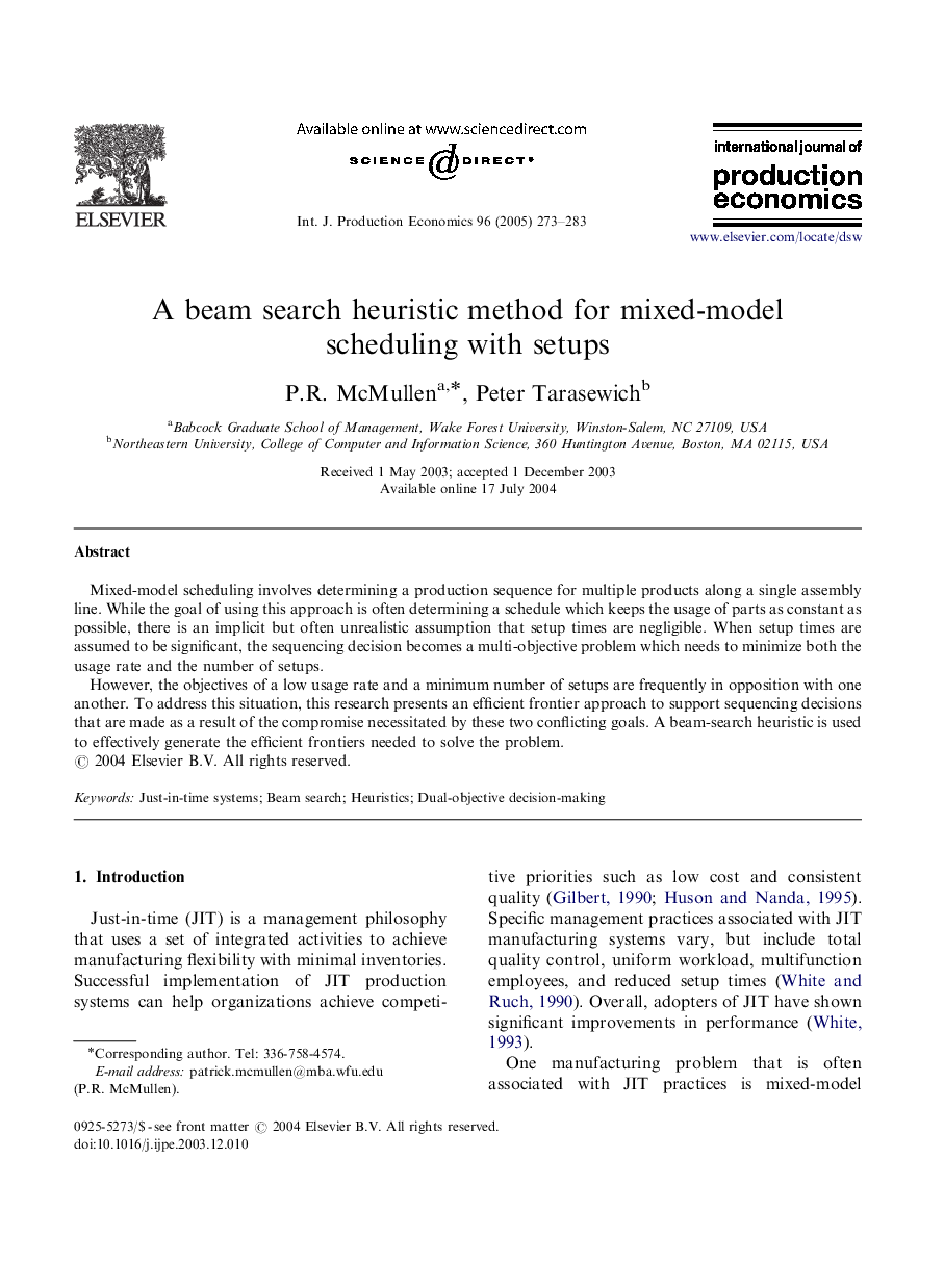 A beam search heuristic method for mixed-model scheduling with setups