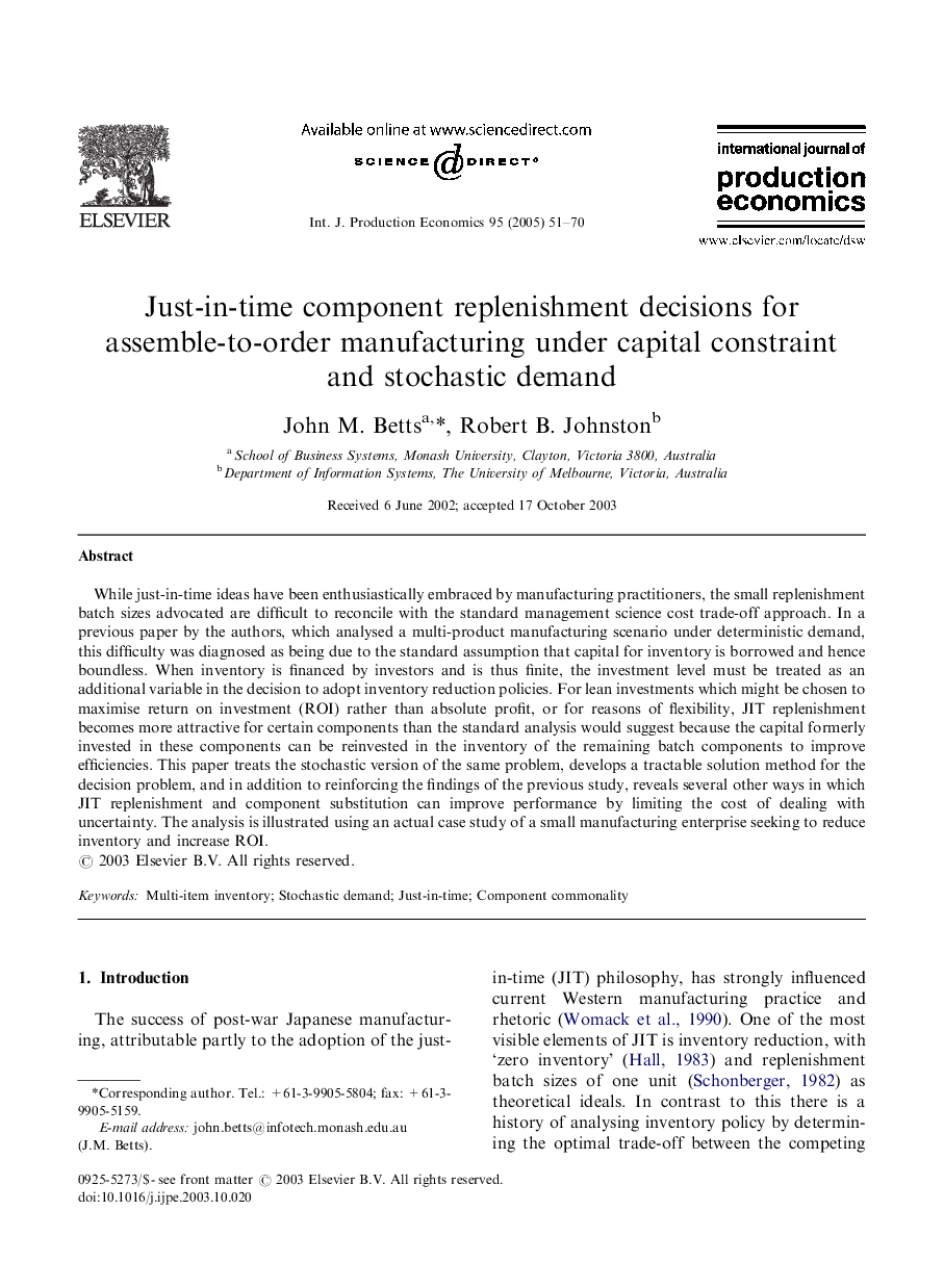 Just-in-time component replenishment decisions for assemble-to-order manufacturing under capital constraint and stochastic demand