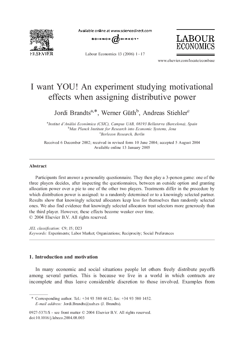 I want YOU! An experiment studying motivational effects when assigning distributive power