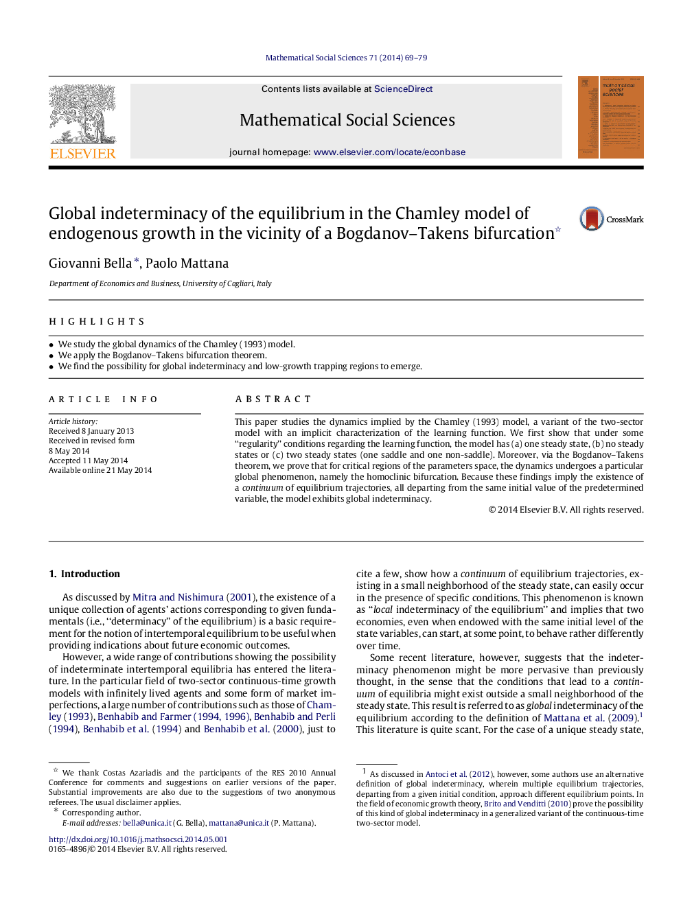 Global indeterminacy of the equilibrium in the Chamley model of endogenous growth in the vicinity of a Bogdanov–Takens bifurcation 