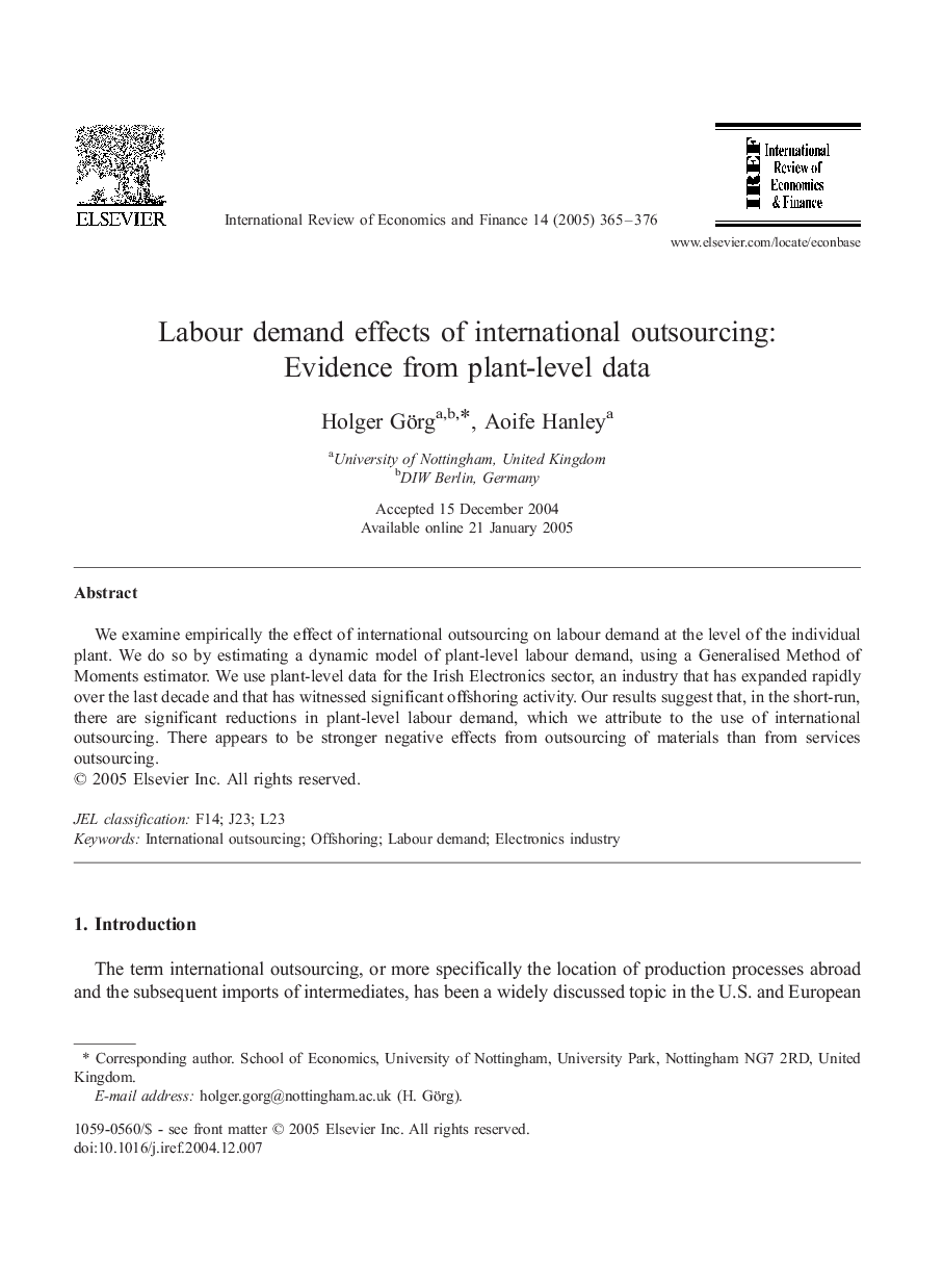 Labour demand effects of international outsourcing: Evidence from plant-level data