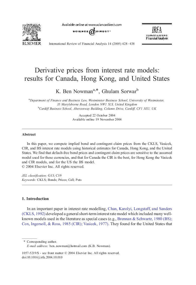 Derivative prices from interest rate models: results for Canada, Hong Kong, and United States