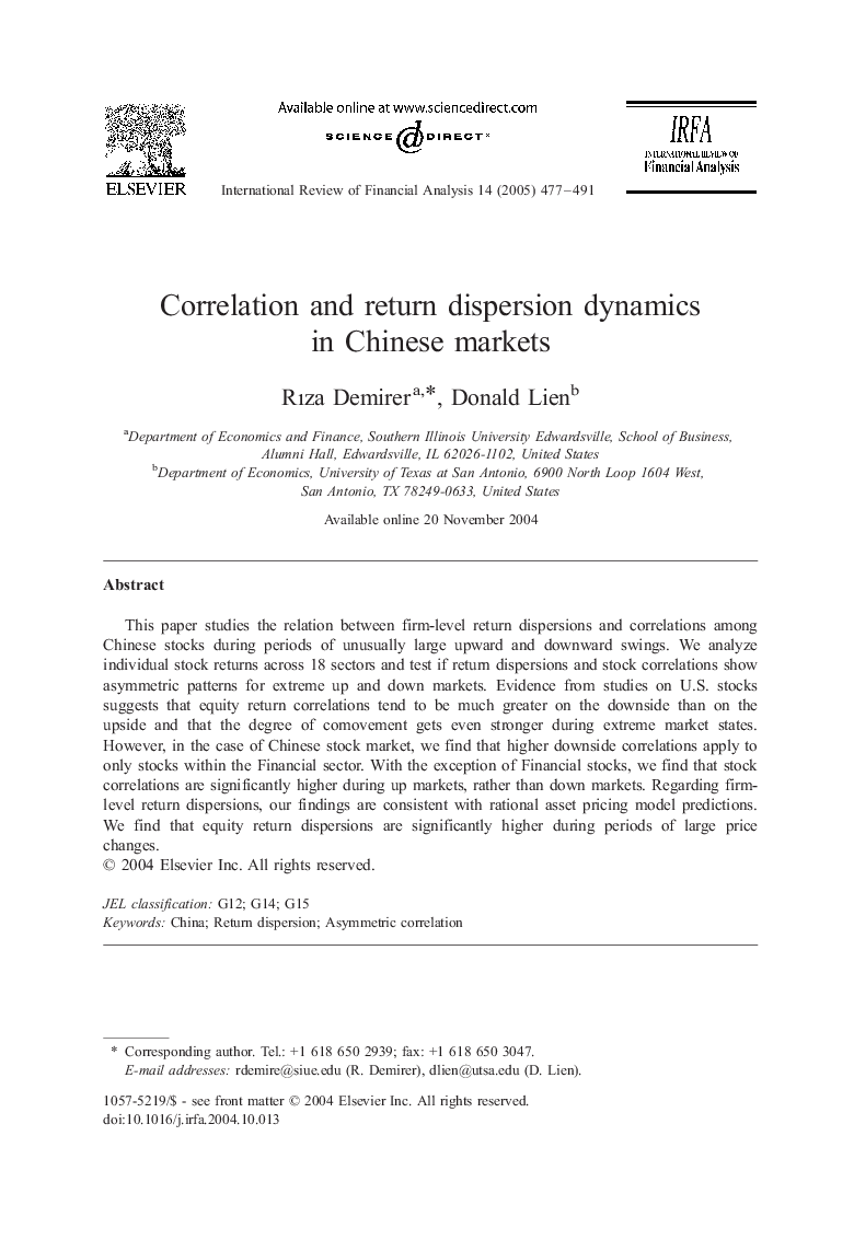 Correlation and return dispersion dynamics in Chinese markets