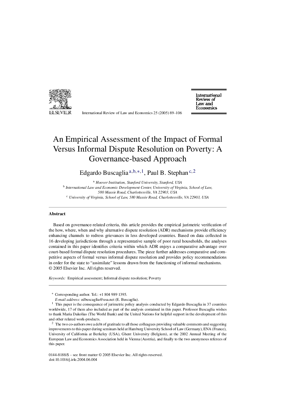 An empirical assessment of the impact of formal versus informal dispute resolution on poverty: A governance-based approach