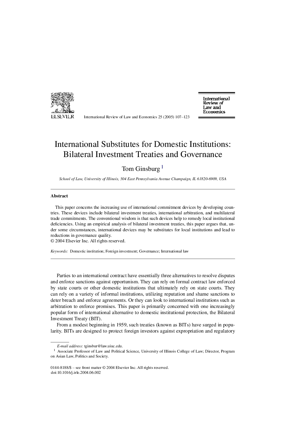 International Substitutes for Domestic Institutions: Bilateral Investment Treaties and Governance