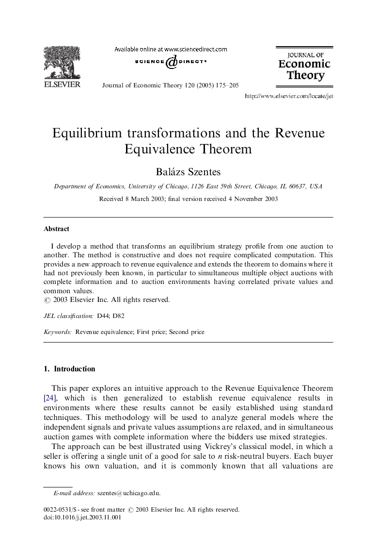 Equilibrium transformations and the Revenue Equivalence Theorem