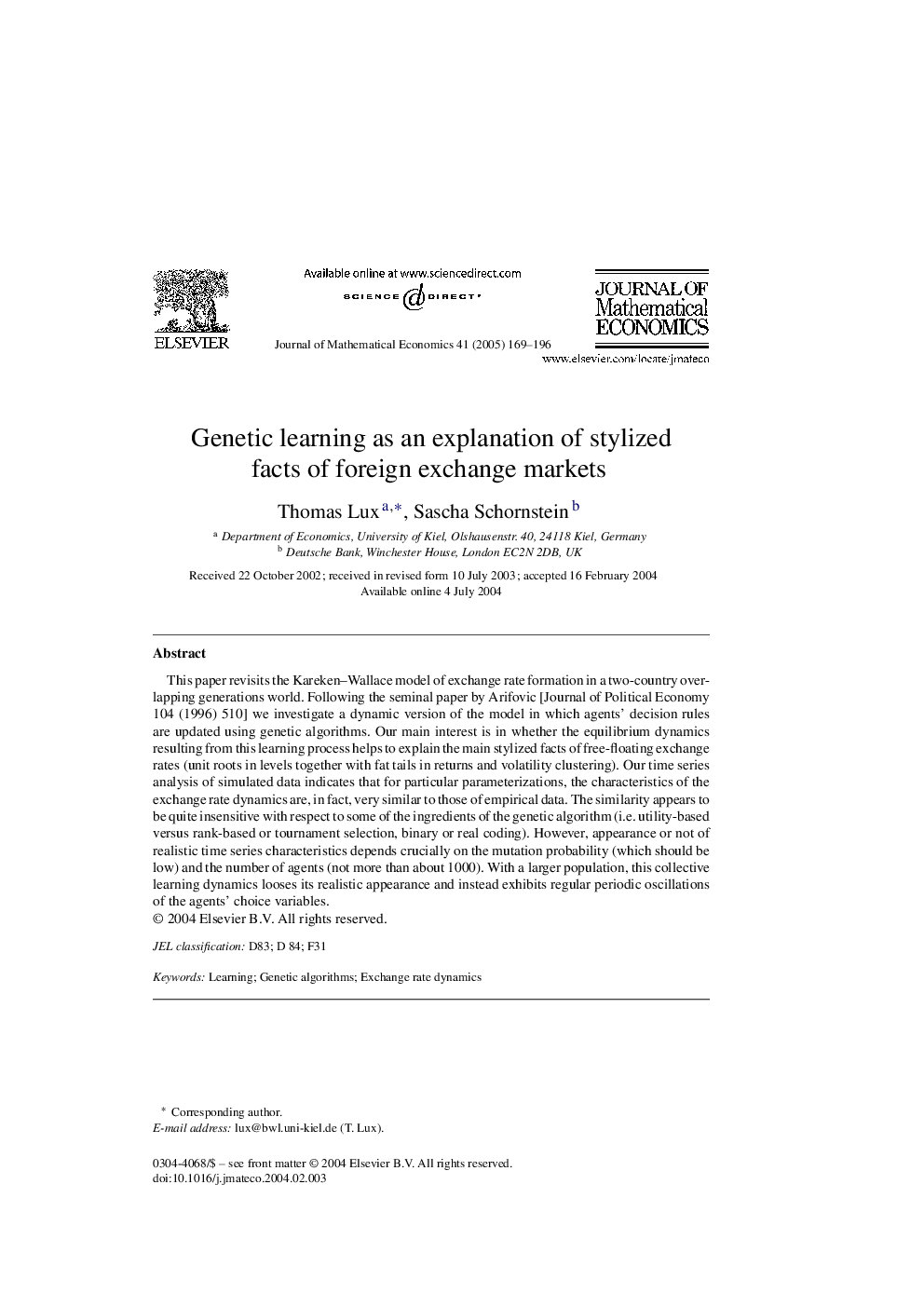 Genetic learning as an explanation of stylized facts of foreign exchange markets