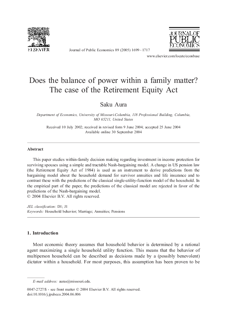 Does the balance of power within a family matter? The case of the Retirement Equity Act