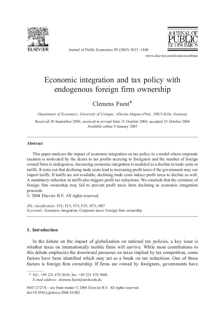 Economic integration and tax policy with endogenous foreign firm ownership