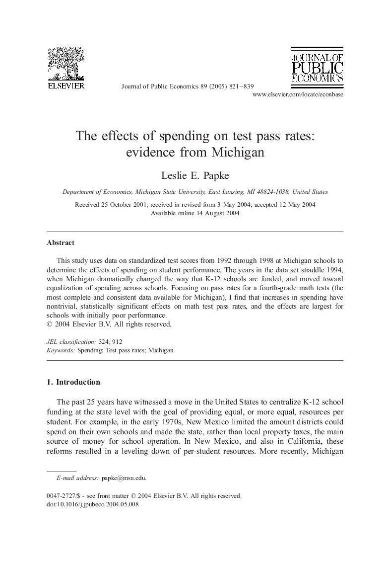 The effects of spending on test pass rates: evidence from Michigan