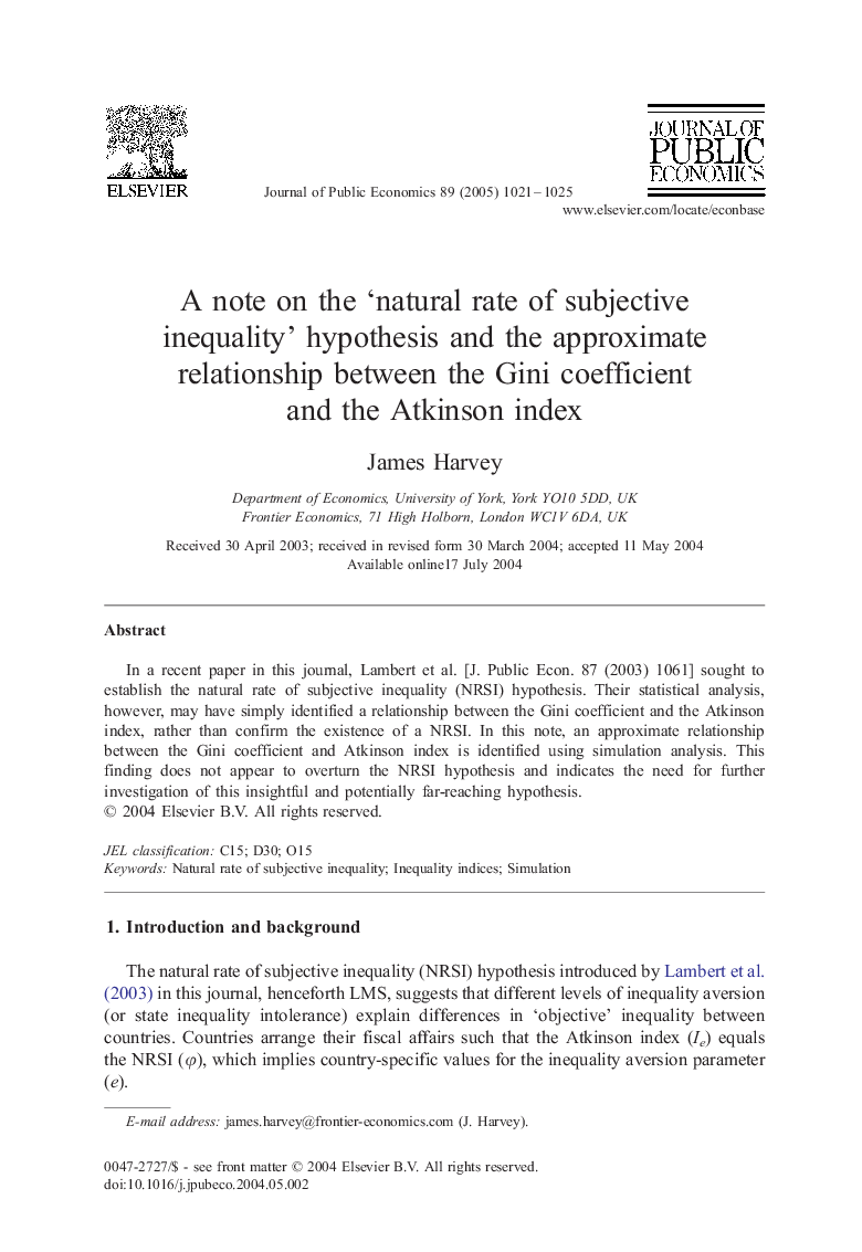 A note on the 'natural rate of subjective inequality' hypothesis and the approximate relationship between the Gini coefficient and the Atkinson index