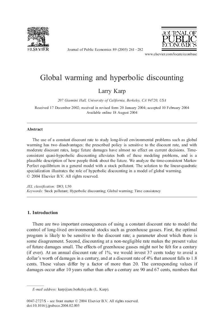 Global warming and hyperbolic discounting