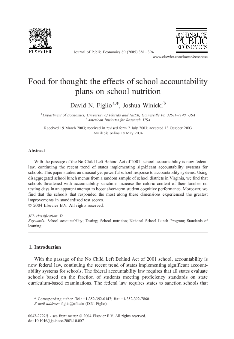 Food for thought: the effects of school accountability plans on school nutrition