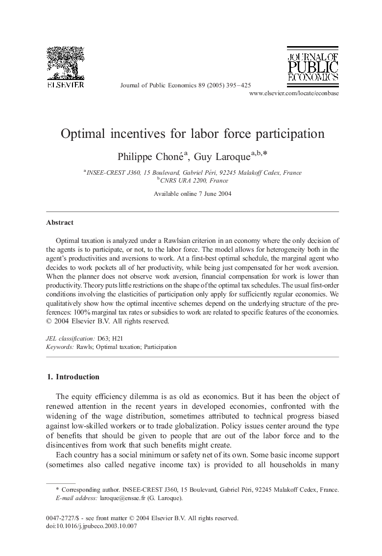 Optimal incentives for labor force participation