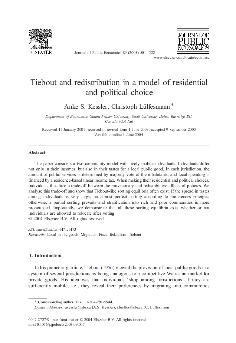 Tiebout and redistribution in a model of residential and political choice