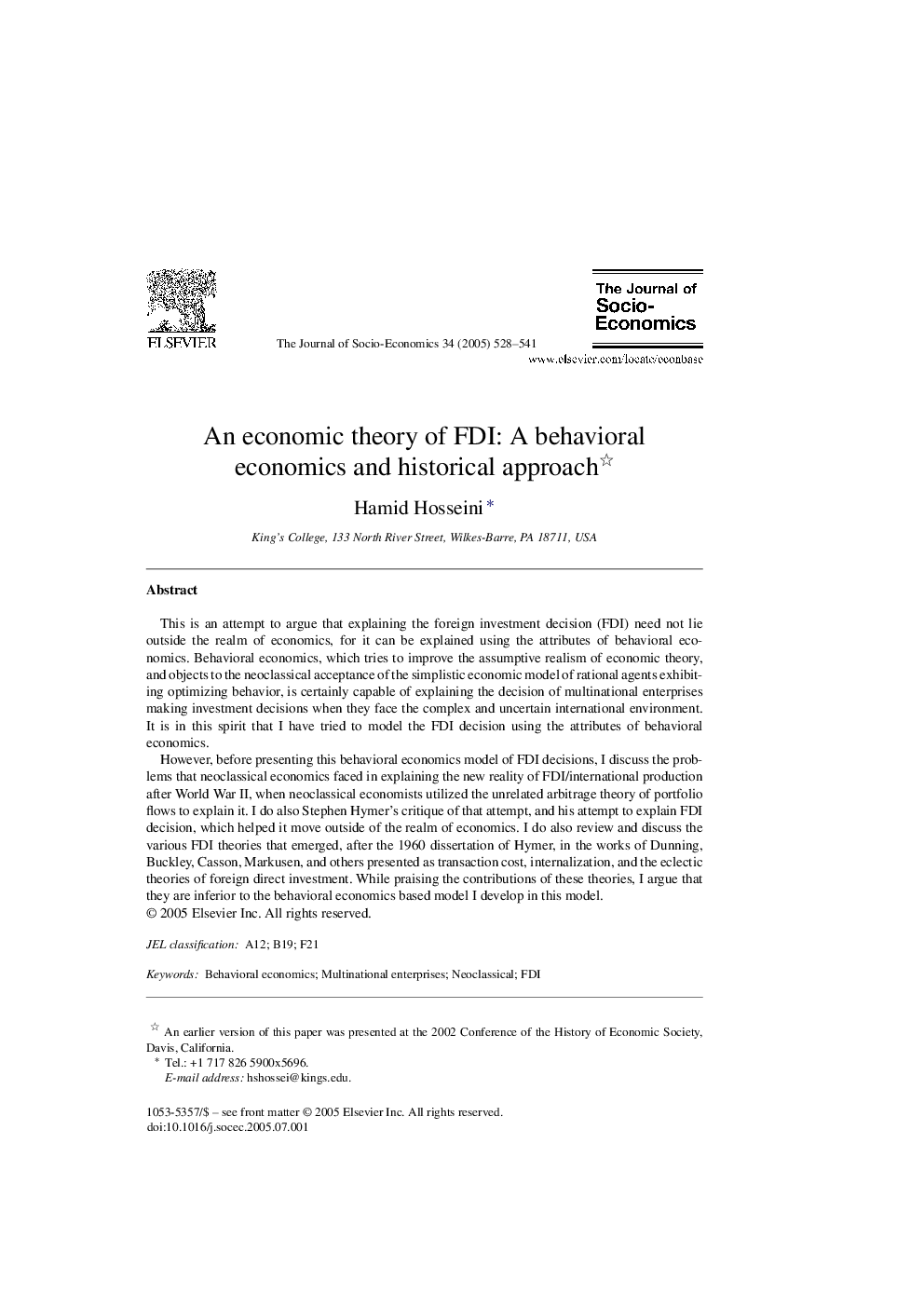 An economic theory of FDI: A behavioral economics and historical approach