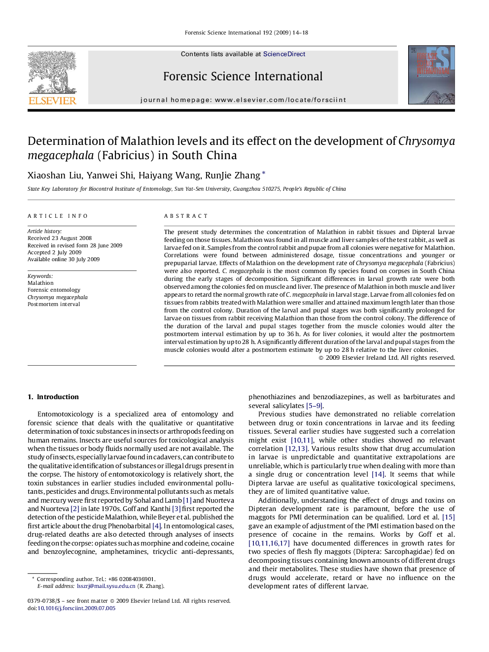 Determination of Malathion levels and its effect on the development of Chrysomya megacephala (Fabricius) in South China