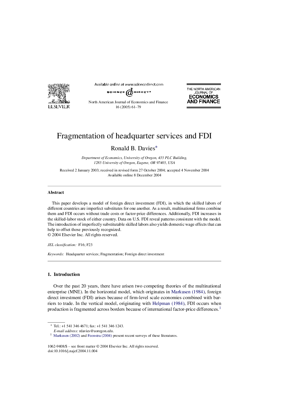 Fragmentation of headquarter services and FDI