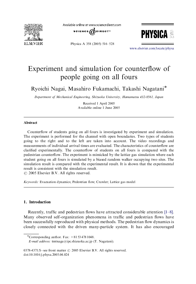 Experiment and simulation for counterflow of people going on all fours