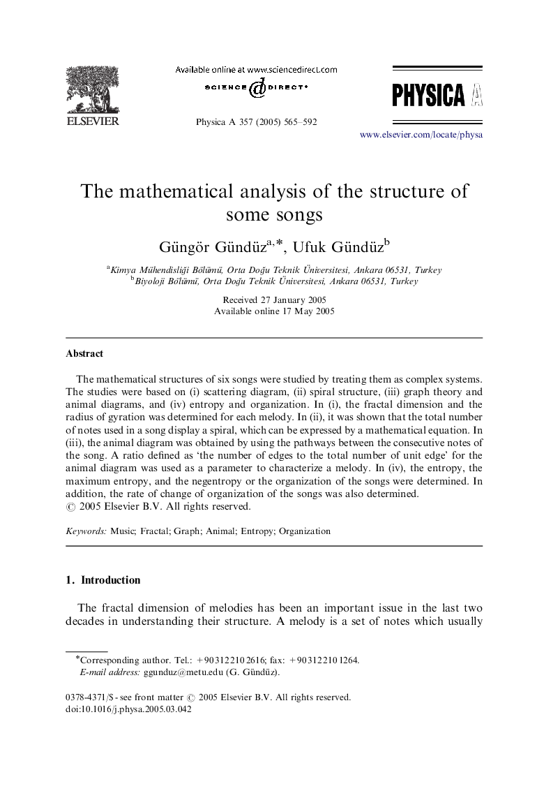 The mathematical analysis of the structure of some songs