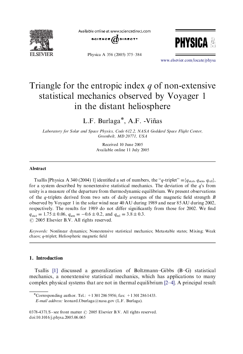 Triangle for the entropic index q of non-extensive statistical mechanics observed by Voyager 1 in the distant heliosphere