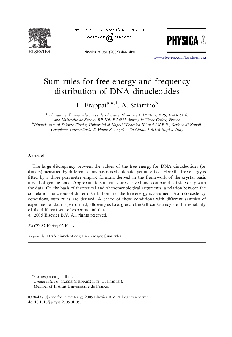 Sum rules for free energy and frequency distribution of DNA dinucleotides