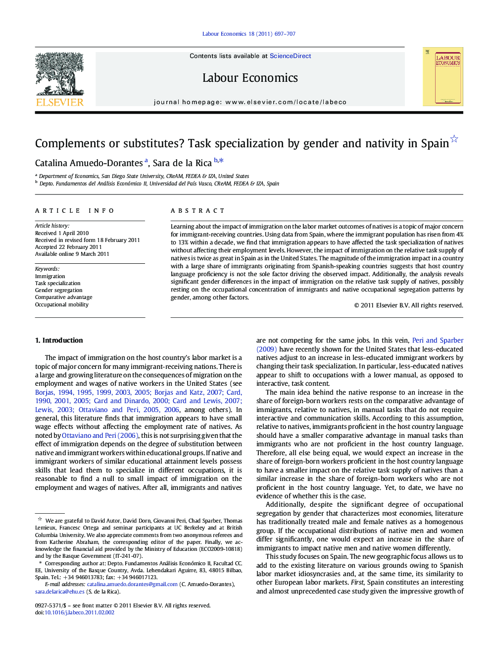 Complements or substitutes? Task specialization by gender and nativity in Spain 