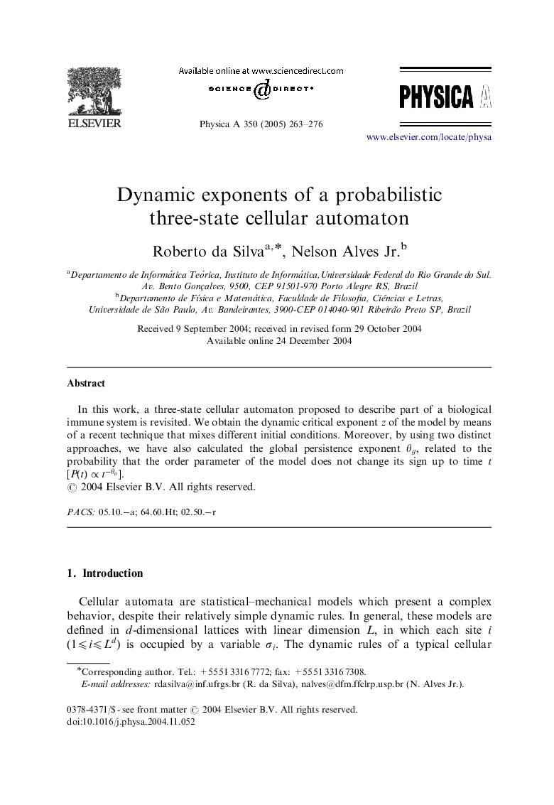 Dynamic exponents of a probabilistic three-state cellular automaton