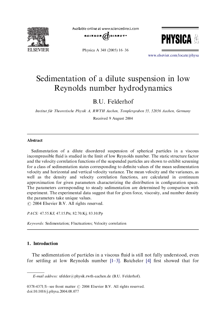 Sedimentation of a dilute suspension in low Reynolds number hydrodynamics