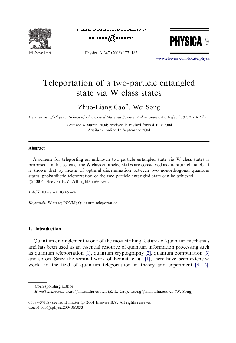 Teleportation of a two-particle entangled state via W class states