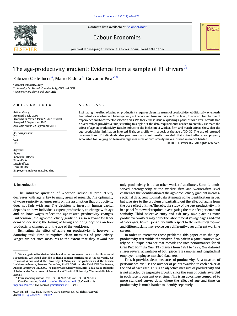 The age-productivity gradient: Evidence from a sample of F1 drivers 